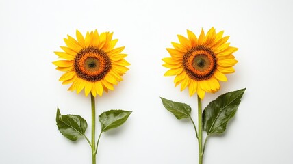 Fototapeta premium Two yellow sunflowers with green leaves on white background
