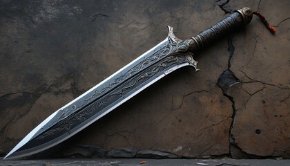 A cursed blade that drains the life force of its enemies, covered in intricate dark engravings, leaning against a cracked wall, Generative AI