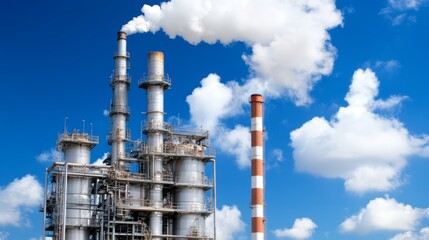 Obraz premium A modern industrial plant with smokestacks emitting white smoke against a clear blue sky, showcasing an energy or manufacturing facility.