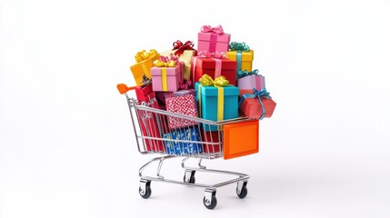 Shopping cart filled with colorful gift boxes, isolated on white background