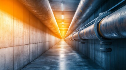 A dimly lit industrial tunnel with metallic pipes running along the walls, creating a mysterious and atmospheric environment.