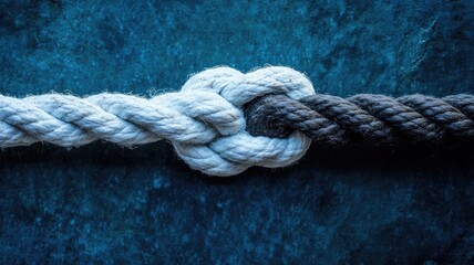 Fototapeta premium Close-up of white and black ropes tied in knot against blue background