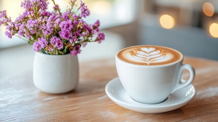 Beautiful latte art displayed in a cozy coffee shop, perfect for text overlay and inviting ambiance.