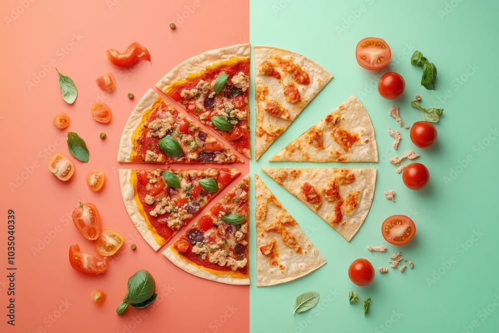 Poster a vibrant assortment of tacos and pizza is artfully arranged in geometric patterns, showcasing a del