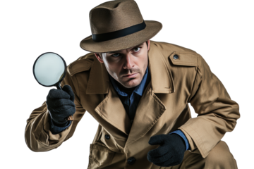 A male detective wearing a beige trench coat, fedora, and gloves, holding a magnifying glass in one hand.