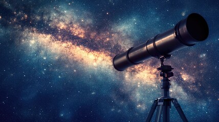 Telescope on tripod aimed at star-filled night sky with vibrant Milky Way backdrop