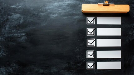 Black chalkboard with a wooden clipboard and checklist items, featuring checkmarks, ideal for project planning and task organization.