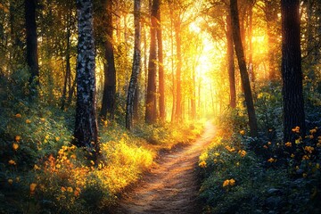Fototapeta premium A couple shares a heartfelt moment exchanging rings beneath a blooming arch, celebrating their love in a serene natural setting.