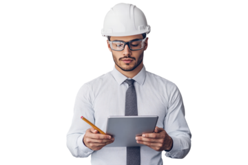A male engineer wearing a white hard hat, glasses, and a business-casual outfit with a tie.