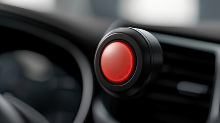 Close-up of a modern red push button in a car interior, symbolizing control and function, against a blurred background.