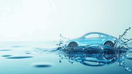 Toy car splashing through water, creating ripples on surface