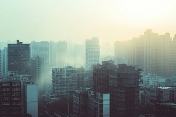 Fototapeta premium Smog-Covered Urban Area With Traffic And High Buildings. Busy Urban Areas With Buildings Obscured By Smog And Haze