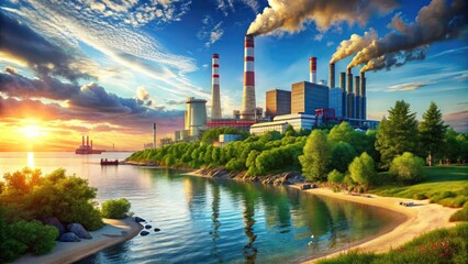 Naklejka premium The shoreline power plant, surrounded by shimmering water and vibrant nature, exemplifies an industrial setting that beautifully complements the breathtaking scenery of its environment.