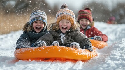 Children sledding down a snowy hill, laughter and joy captured, winter fun activity