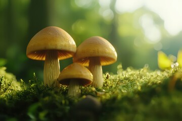 Fototapeta premium Enchanting mushrooms softly illuminated in a mystical forest, creating a magical and serene atmosphere.