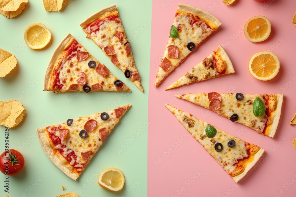 Poster a variety of tacos and pizza slices are neatly arranged in geometric patterns at a lively street foo