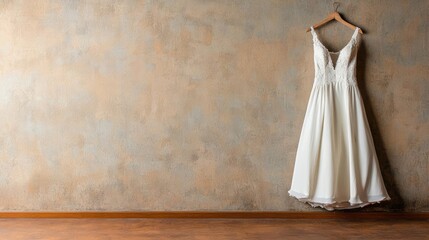 Elegant white wedding dress hanging against a textured wall, perfect for bridal fashion concepts and romantic themes.
