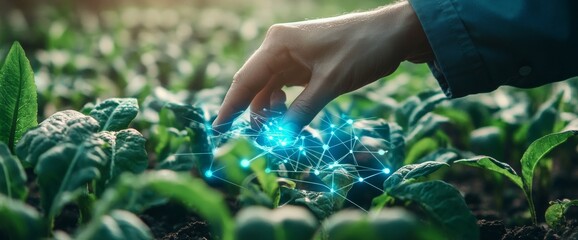 Innovative farming techniques enhance crop growth with technology in a lush agricultural field during daylight. Wide web banner.