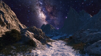 3D cartoon rendering of a mountain view along a hiking route with the Milky Way above