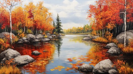 Obraz premium Stunning oil painting depicting a vibrant autumn scene of a colorful pond showcasing its natural beauty and tranquility