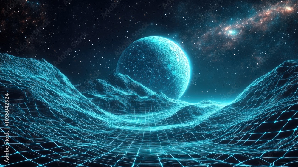 Poster 3d illustration of an abstract landscape featuring a cyberspace grid and a starry outer space textur
