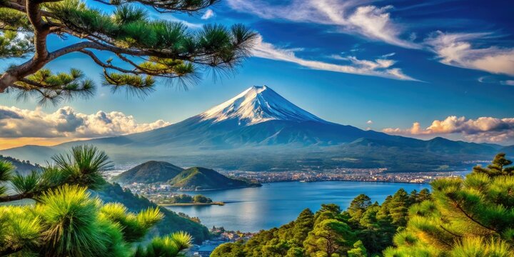 The striking silhouette of Mt. Fuji, alongside a pine tree, overlooks Suruga Bay in Numazu, Shizuoka, stunningly captured through a telephoto lens.