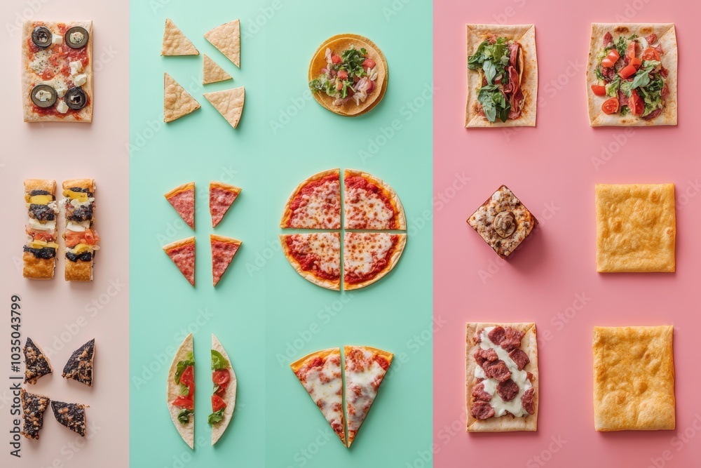 Poster tacos and pizza are artfully arranged in geometric patterns, showcasing vibrant colors and inviting 
