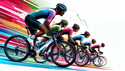 Fototapeta premium A vector illustration depicting a group of cyclists in an intense race, with a focus on the competition and action