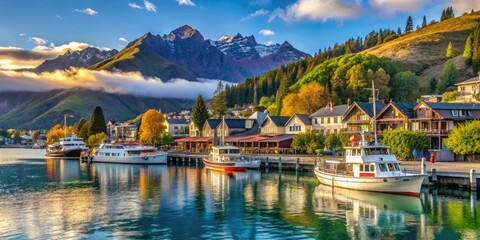 Naklejka premium The stunning landscape of Queenstown features Lake Wakatipu, dotted with boats and buildings near the wharf, creating a captivating scenic view.