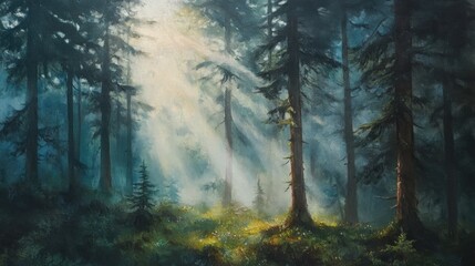 Fototapeta premium Oil painting of a serene forest featuring spruce trees where sunbeams filter through fog creating an enchanting and mystical ambiance