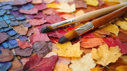 Obraz premium Autumn Leaves and Paintbrushes