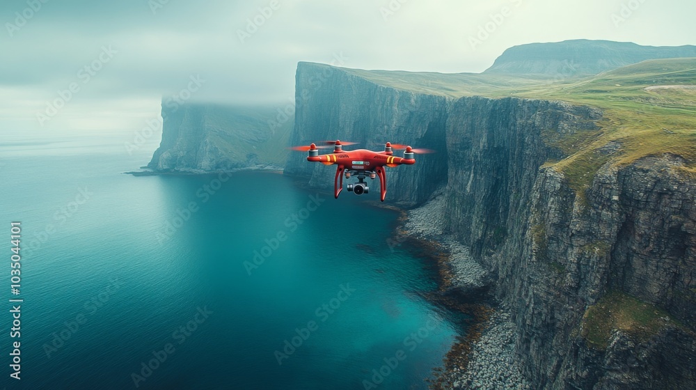 Poster A bright red drone hovers over a rugged coastline, capturing views of towering cliffs and serene turquoise waters under a cloudy sky.