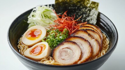 Bowl of Tonkotsu ramen noodles with soft-boiled egg, green onions, and vegetables on white background