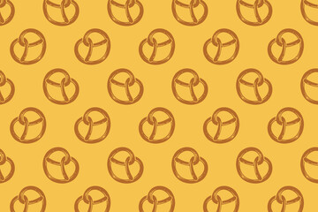 pretzel with heart shape filled flat pattern on yellow background. doodle pretzel bread pastry symbol seamless pattern background. retro love pretzel shape seamless pattern for decor and merchandise