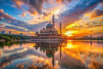 Obraz premium The stunning skyline of Putrajaya showcases the iconic Putra Mosque, beautifully silhouetted against a vibrant sunset, creating an unforgettable view of the city.
