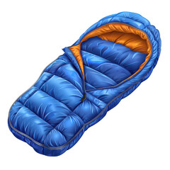 A bright blue sleeping bag with an orange interior, perfect for camping trips and outdoor adventures.. Illustration, png isolated on an empty background