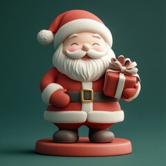 A cartoonish figure of Santa Claus holding a red present