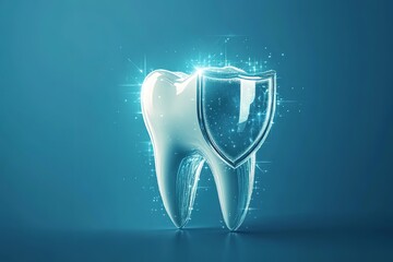 Glowing tooth with shield, dental protection concept