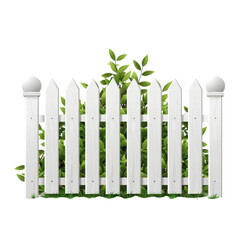 A charming white picket fence adorned with lush green foliage, perfect for enhancing garden or landscape designs.. Illustration, on transparent background cutout