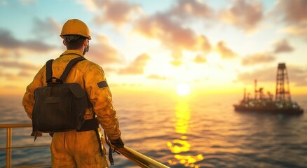 Obraz premium A photograph of an oil rig worker standing on the deck, looking out at the sea with a sunset in the background and a gas field visible in the distance. 