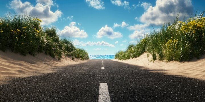 Coastal scene alongside a roadway with sandy beach views, Roadway with sandy beach views in a coastal scene