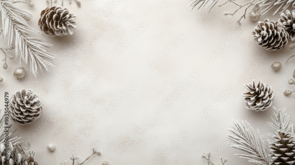 Poster a serene winter holiday backdrop features frosted pinecones and delicate evergreen branches arranged