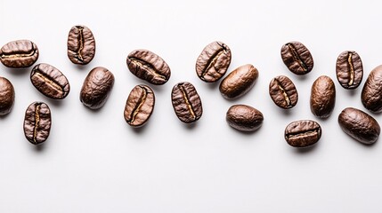 Rich brown coffee beans are artfully spread across a white canvas, highlighting their distinctive textures for aficionados and culinary creators alike.