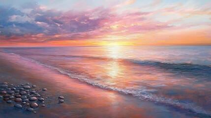 Fototapeta premium Oil painting of a stunning pink sunset with a dreamy appearance featuring slow shutter speed captures smooth water colorful clouds and pebbles on the beach for a soft blurred effect