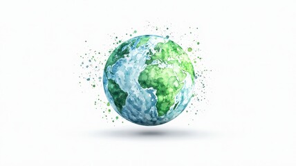 Vibrant watercolor globe showcasing splashes of green for land, perfect for travel and environmental themes.
