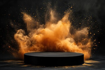 A black and orange powder cloud is blowing out of a black and orange box