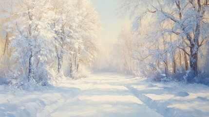 Fototapeta premium Oil painting depicting a winter morning blanketed in fresh snow with trees heavy with white creating a serene snowy landscape
