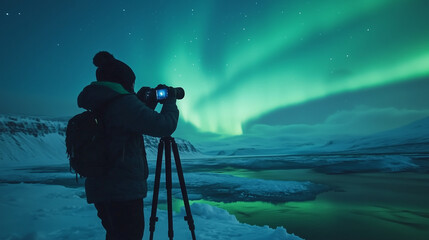 Fototapeta premium Photographer captures stunning aurora borealis over icy terrain using a tripod-mounted camera