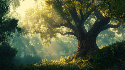 Fototapeta premium An ancient tree standing tall in the middle of a forest, symbolizing strength and endurance.