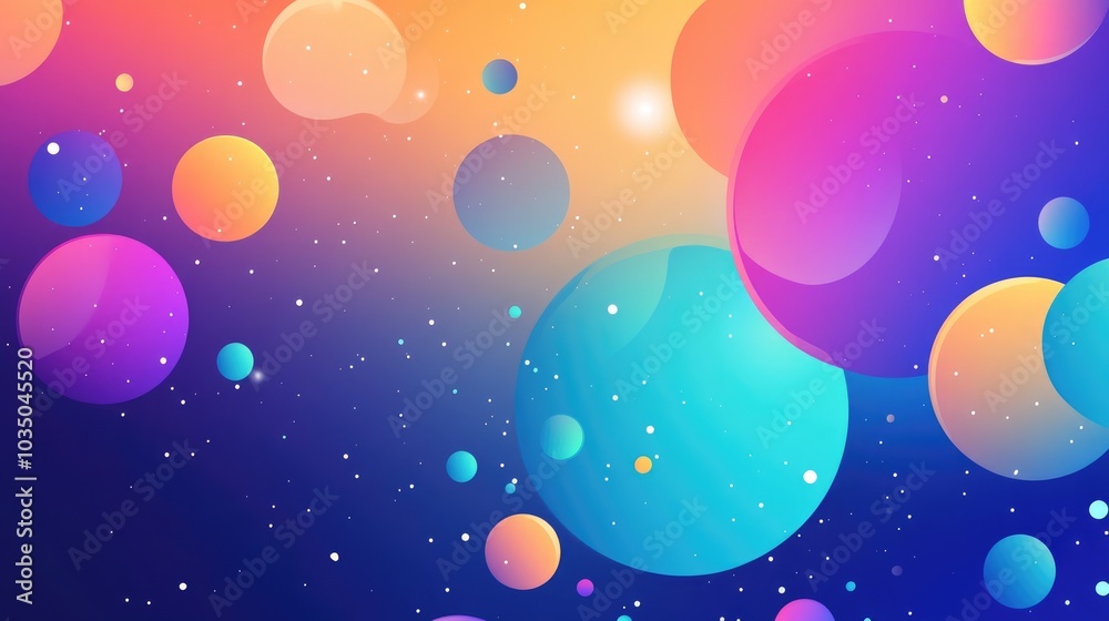 Poster abstract background featuring colorful circles with chaotic particles in open space dynamic 2d carto